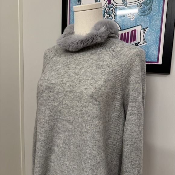 QI Cashmere Sweater Real Rabbit Fur Trim Cowl Neck Light Gray Women's Large - Picture 2 of 8